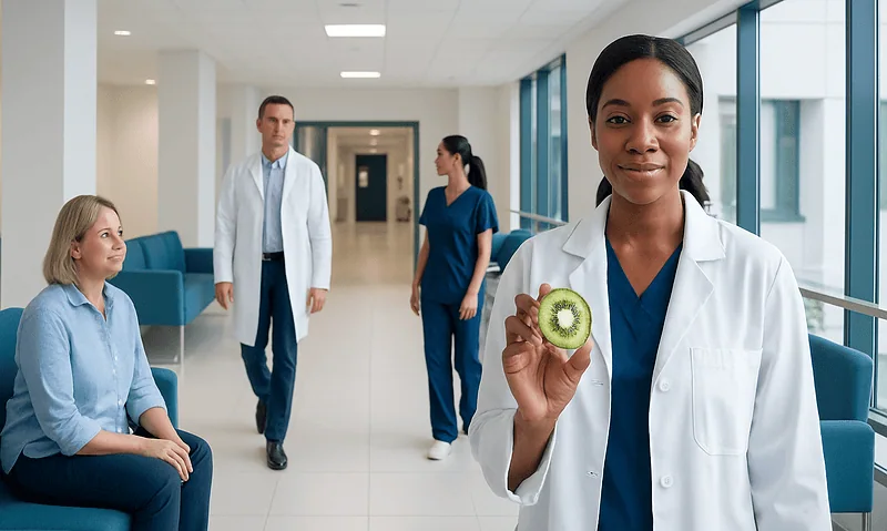 Healthcare professionals and patient in a hospital corridor with a doctor holding a kiwi slice.