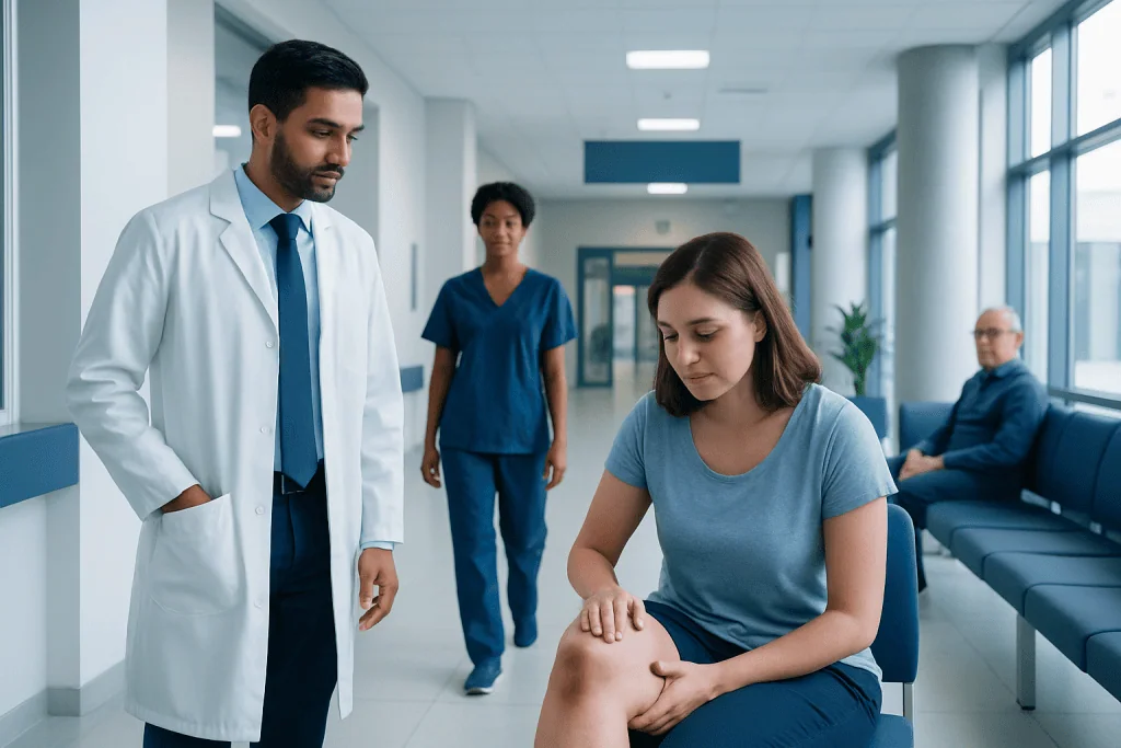 Knee Bruises — Explained by Medical Evidence, Not Myths 1 Medical professional examining a patient's knee in a hospital corridor.