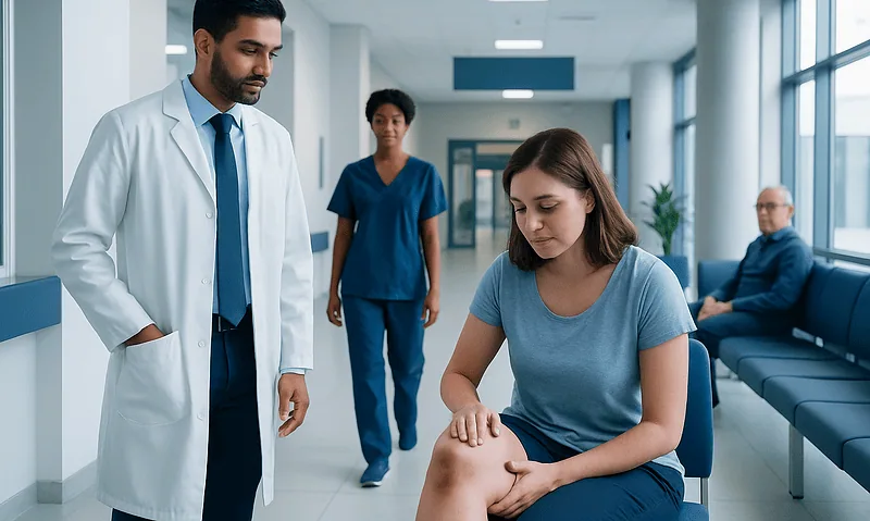 Medical professional examining a patient's knee in a hospital corridor.