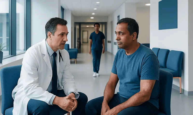 Doctor consulting patient in hospital corridor with nurse in background.