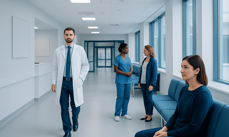 Medical professionals and patient in a modern hospital corridor.