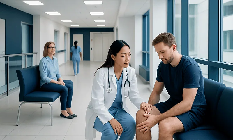 Doctor examining patient's knee in a modern hospital corridor.