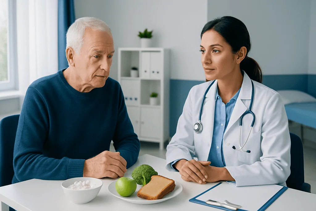 Doctor consulting with elderly patient about low sodium diet.