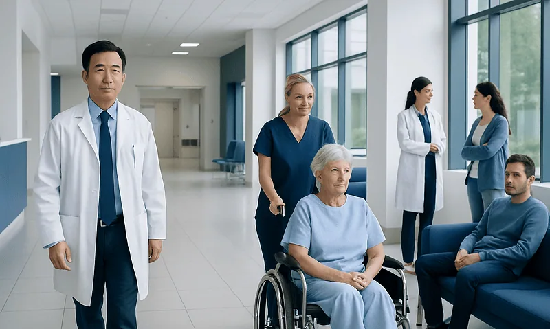 Medical team and patient in hospital corridor at Acibadem Hospitals Group.