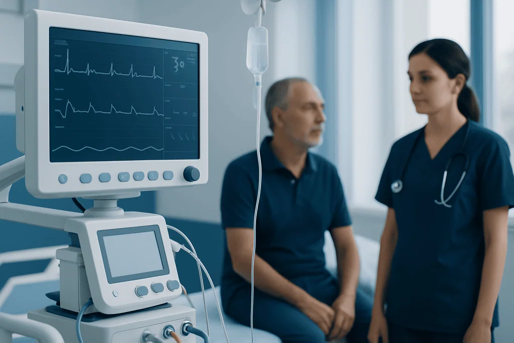 Hospital patient monitoring with medical staff in a clinical setting.
