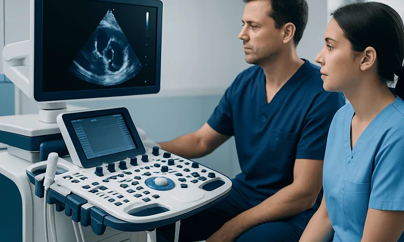 Medical professionals analyzing an ultrasound image of the heart.