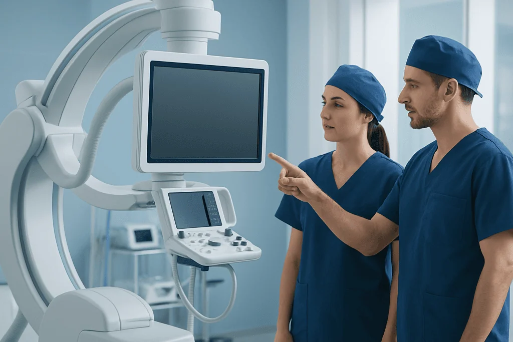 Medical professionals using imaging equipment in a hospital setting.