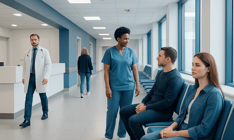 Health Library 15 Healthcare professionals and patients in a modern hospital corridor.