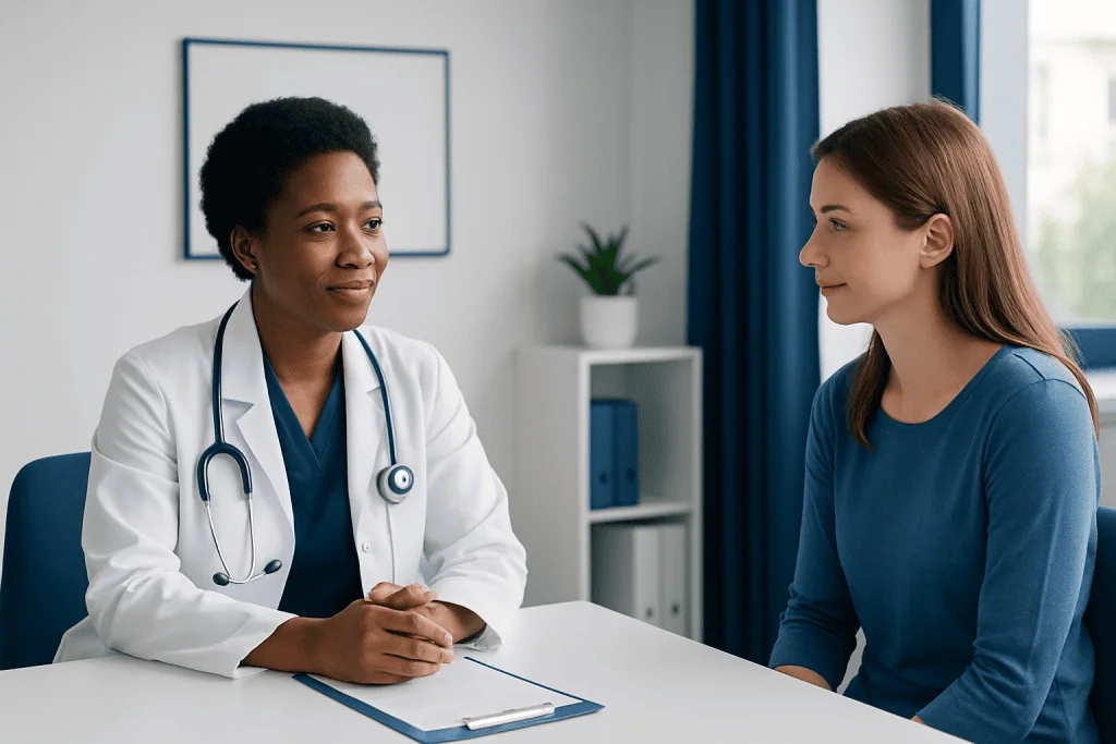 Doctor consulting with a patient in a modern medical office.