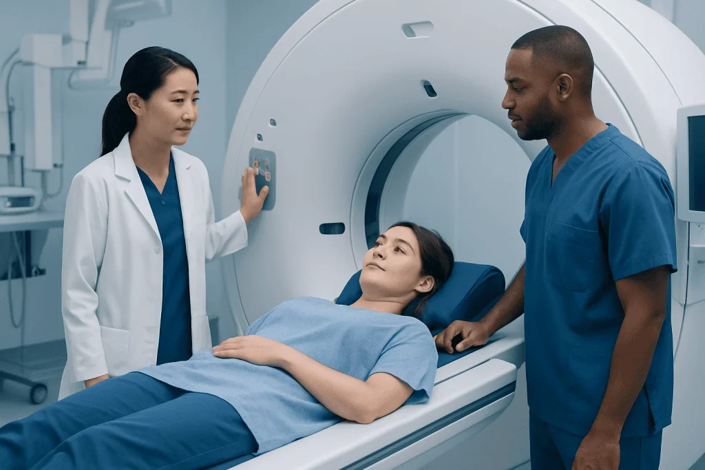 Patient undergoing MRI scan at Acibadem Hospital with medical staff present.
