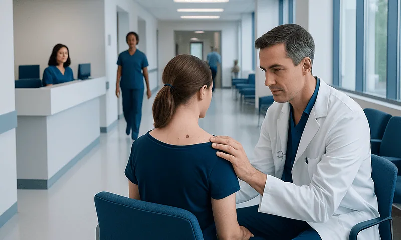 Doctor examining a patient in a hospital corridor at Acibadem Hospitals Group.