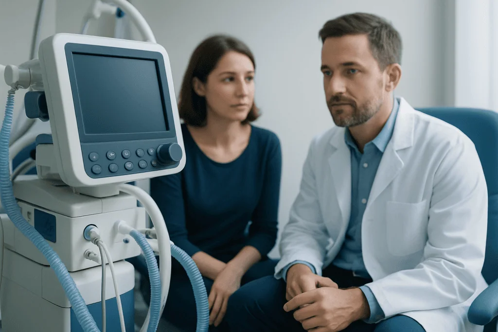 Doctor consulting with patient in a medical examination room with monitoring equipment.