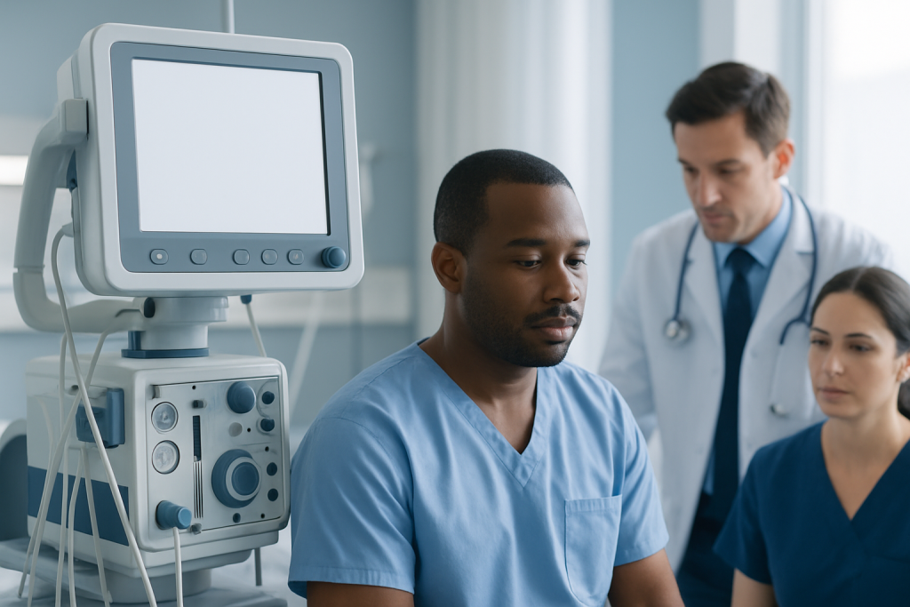 Medical team in hospital with patient monitor and healthcare professionals.