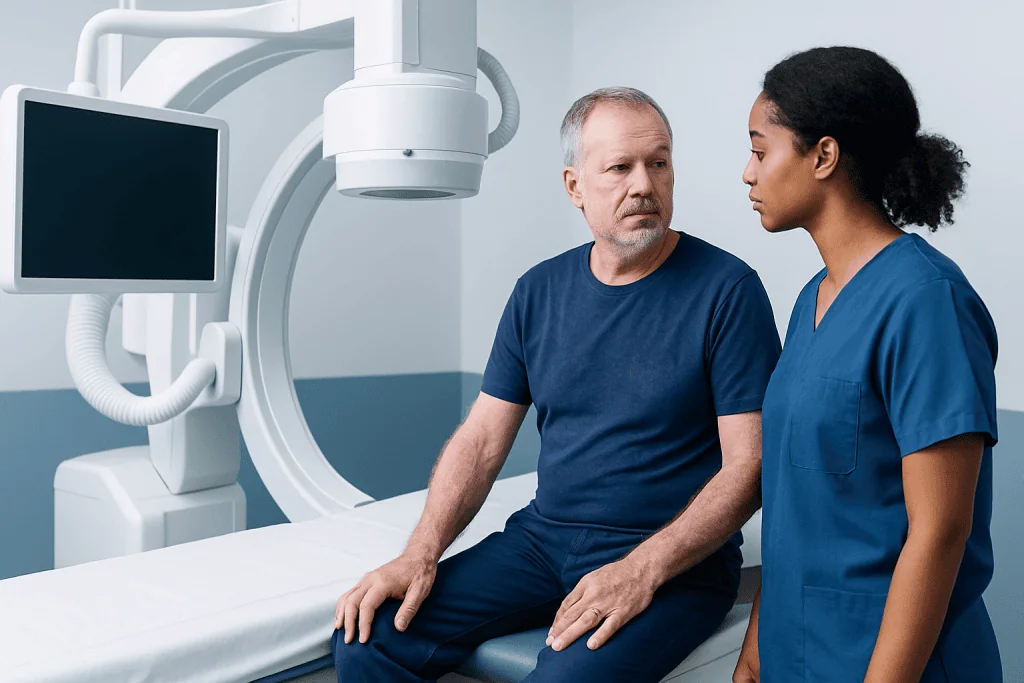 Doctor consulting with patient in medical imaging room at Acibadem Hospital.