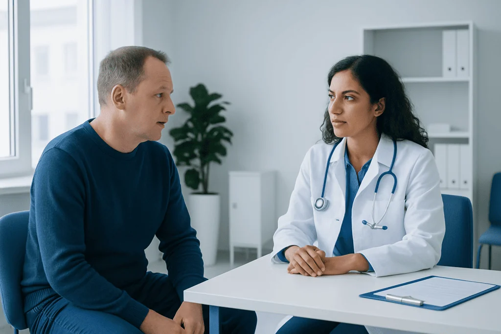 Doctor consulting with male patient in a modern medical office.
