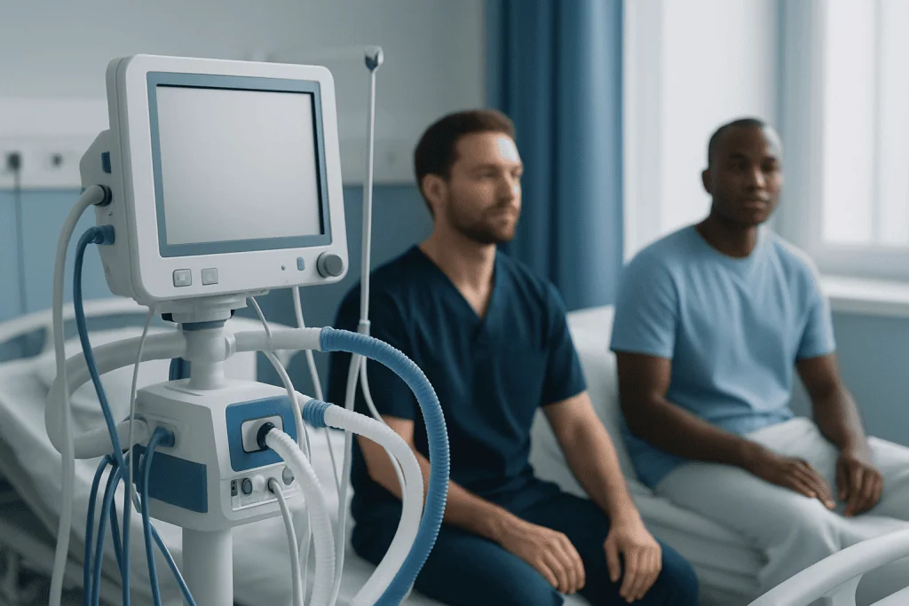 Medical consultation with two male patients in a hospital room.
