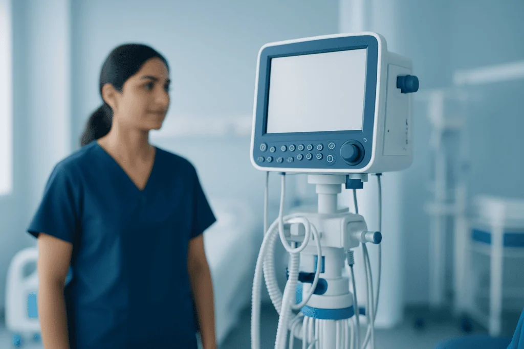 Medical ventilator machine in hospital with healthcare professional in background.