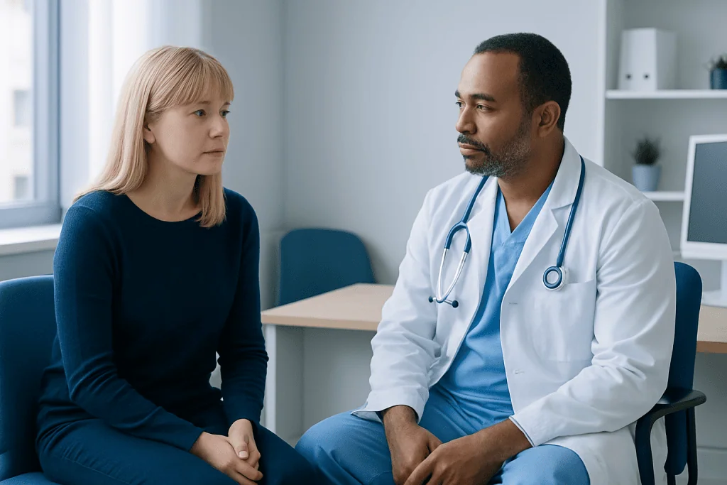 Doctor consulting with a young female patient in a medical office.
