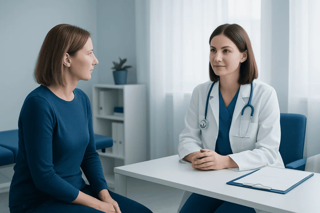 Doctor consulting with a female patient in a medical office.