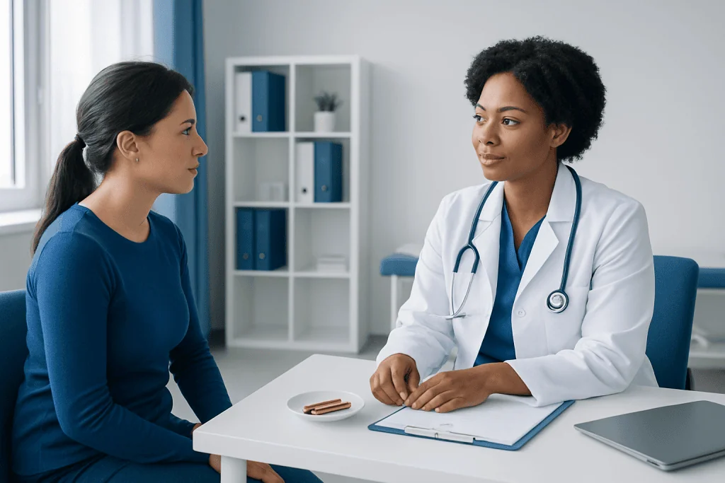 Doctor consulting with a female patient in a modern medical office.