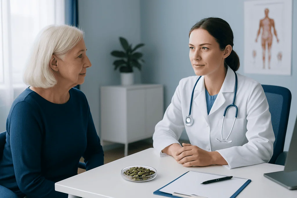 Doctor consulting with an elderly woman in a medical office.