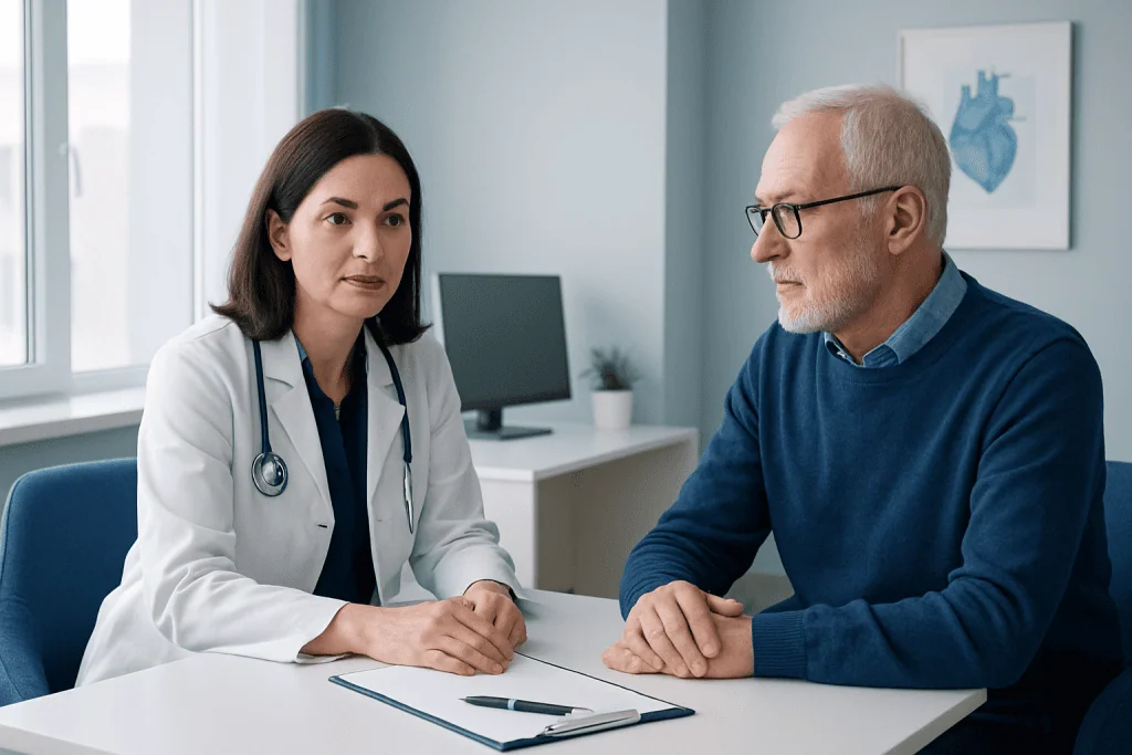 Doctor consulting with an elderly male patient in a modern clinic setting.