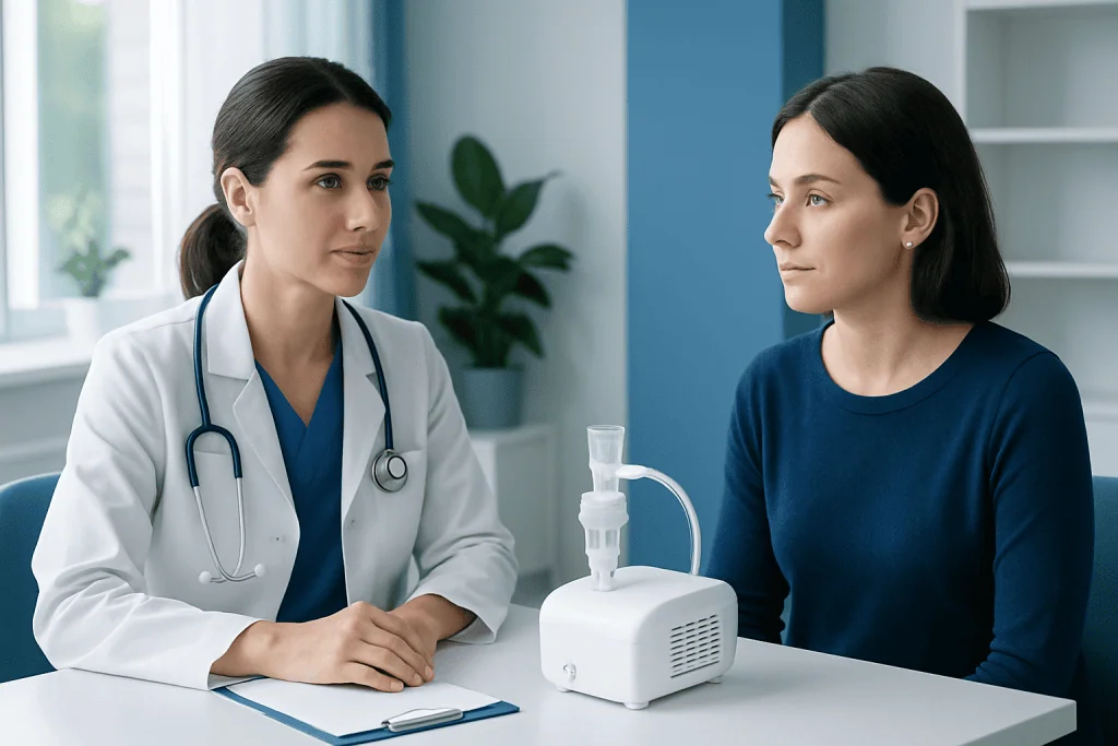 Medical professional explains portable nebulizer to patient in clinic.