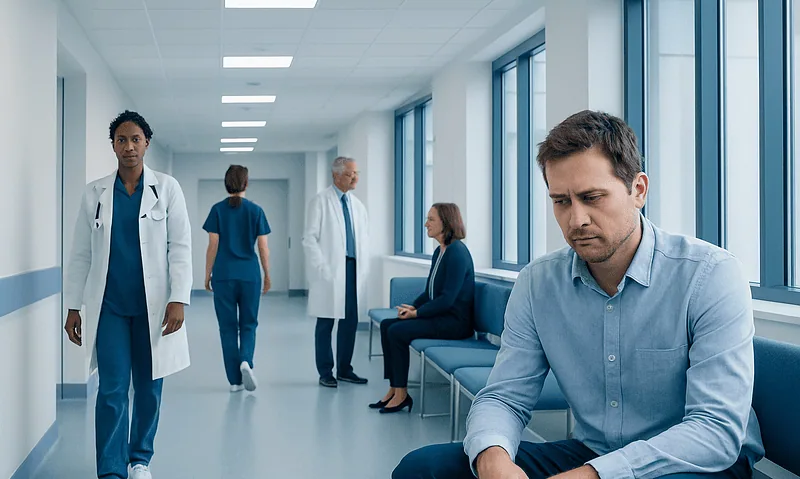 Patient experiencing stress-related mental dullness in a hospital corridor.