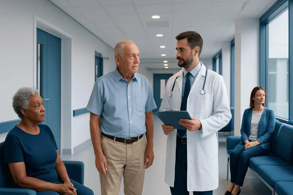 Methyldopa: An Evidence-Based Guide for Patients 1 Doctor consulting with elderly patient in hospital corridor.