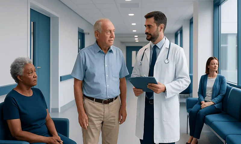 Doctor consulting with elderly patient in hospital corridor.