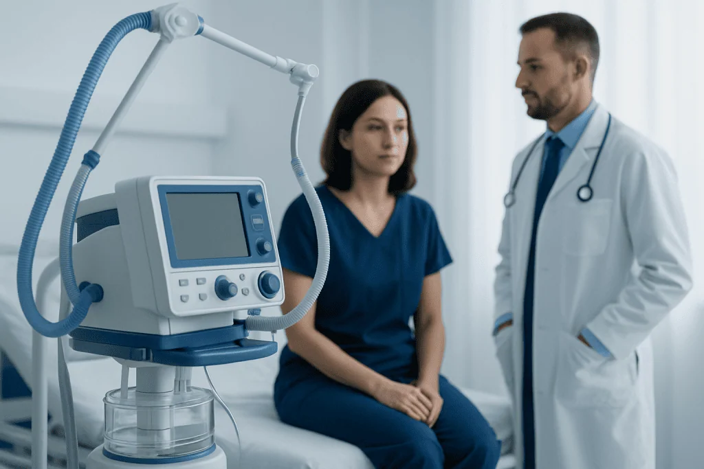 Doctor consulting patient in hospital room with medical equipment.