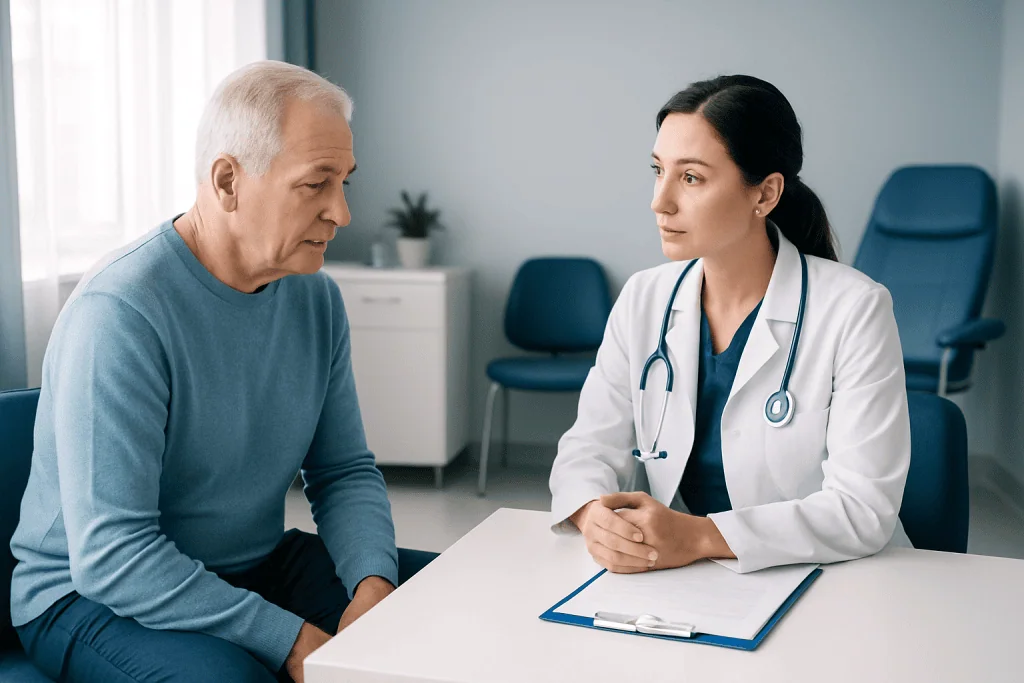 Urologist consulting with an elderly male patient in a medical office.