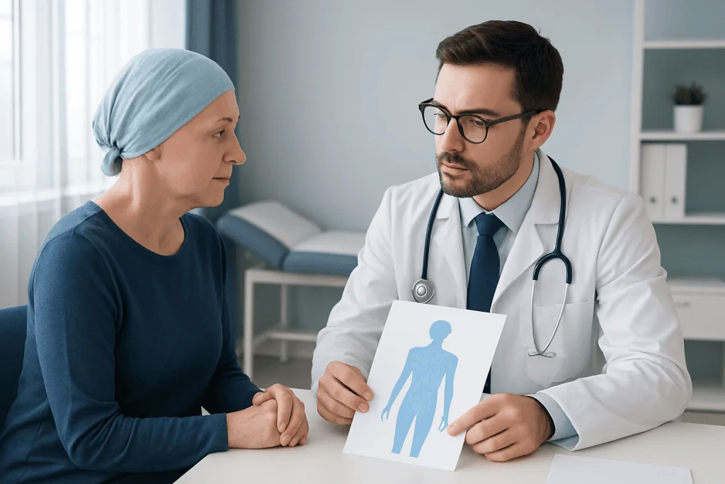 Doctor explaining lymph node cancer diagnosis to patient in consultation room.