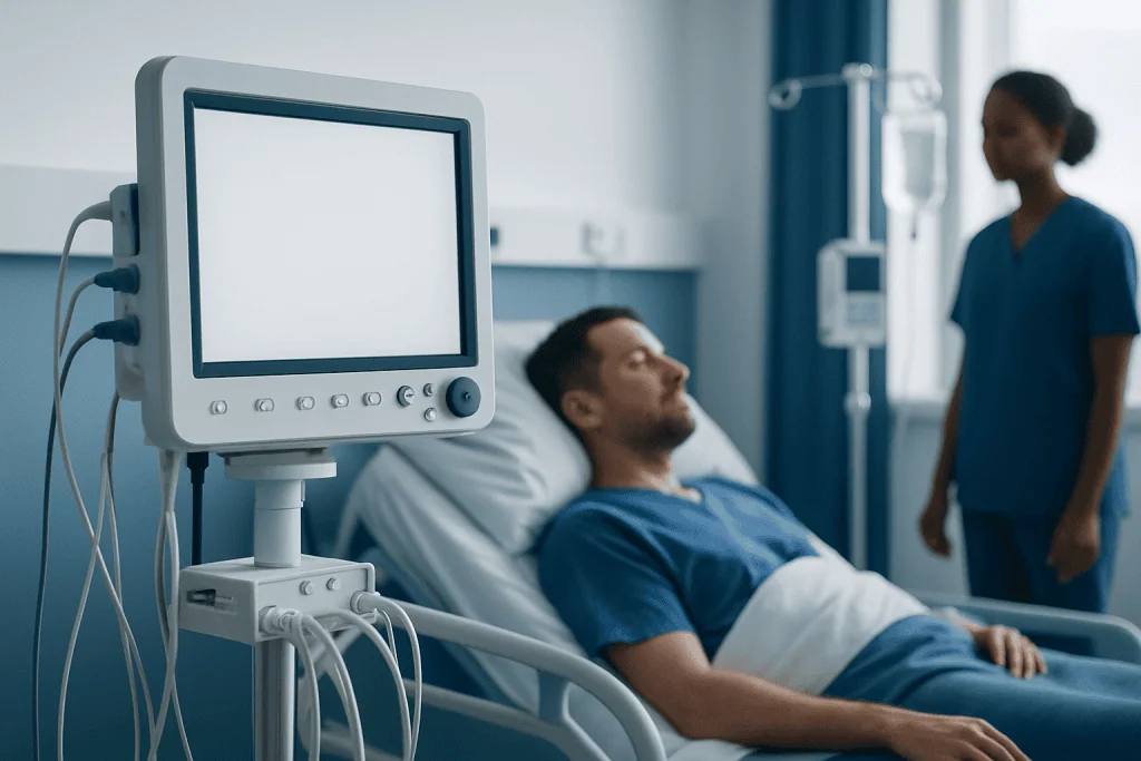 Patient in hospital bed with medical monitor and nurse nearby.