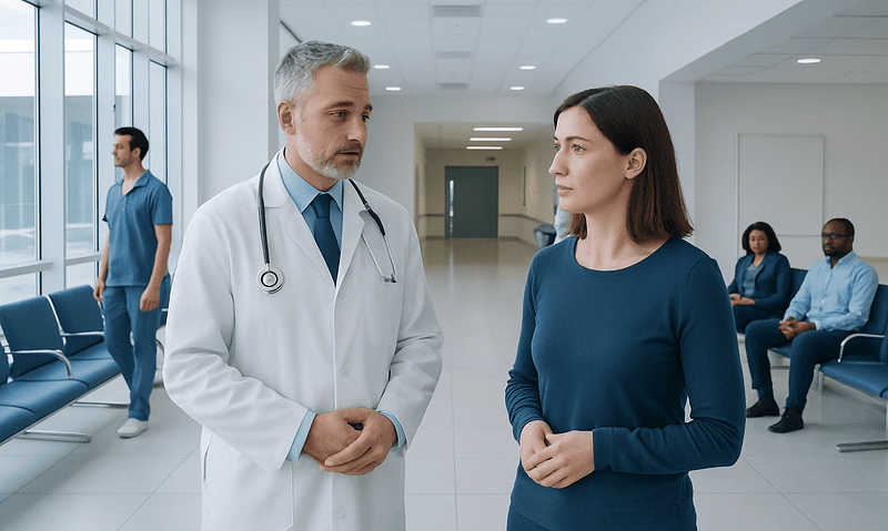 Doctor consulting a patient in a hospital corridor.