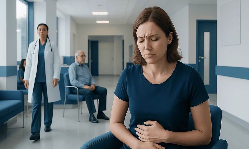 Young woman experiencing stomach pain in a hospital waiting area.