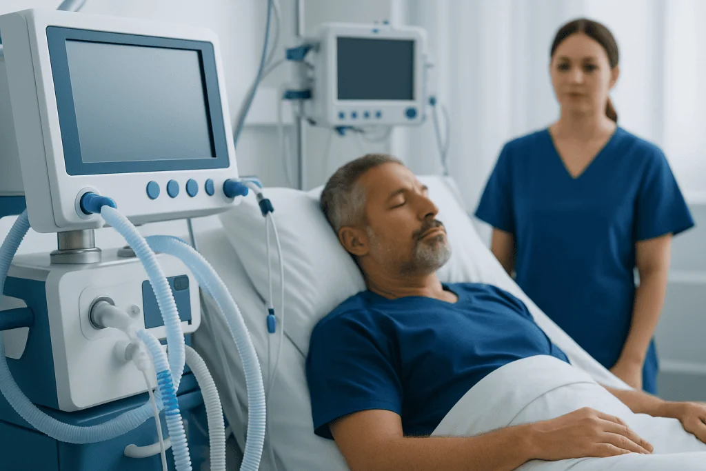 Patient in hospital bed connected to medical ventilator and monitoring equipment.