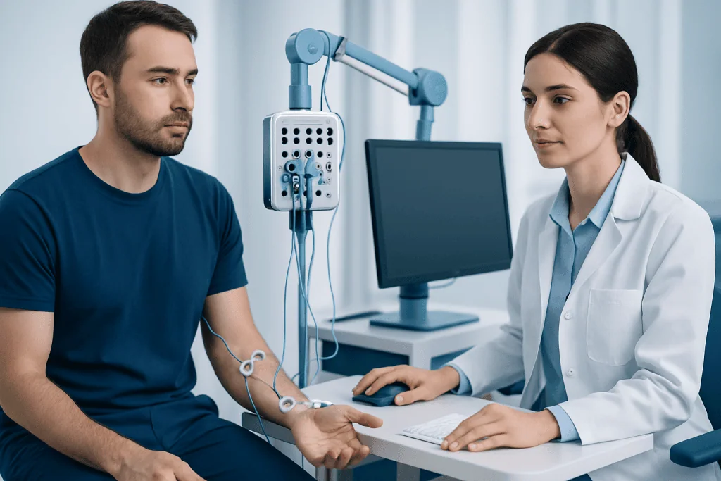 Patient undergoing nerve conduction study at Acibadem Hospital.