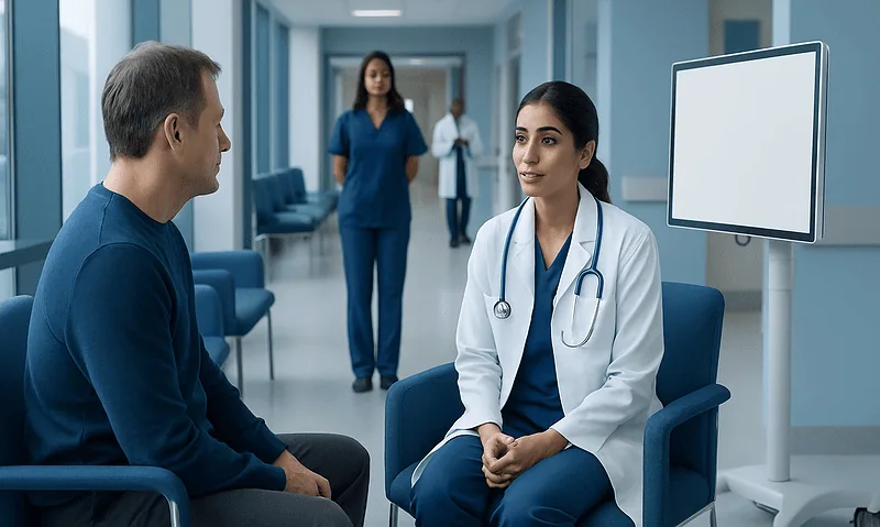 Doctor consulting with patient in hospital corridor with medical staff in background.