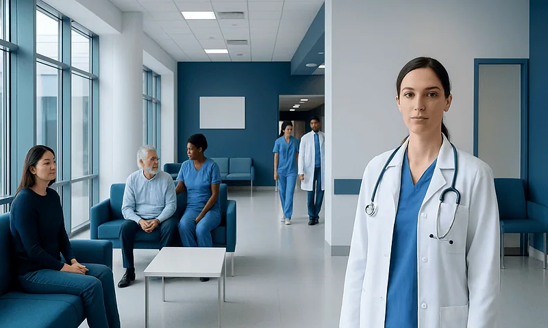 Medical staff and patients in a hospital waiting area.