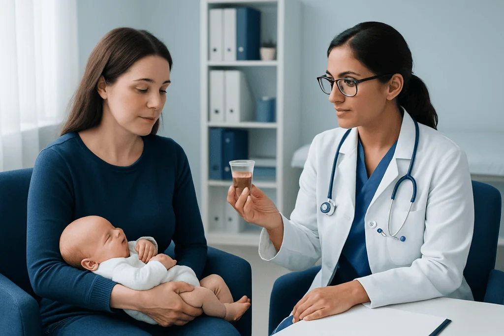 Pediatrician explains to mother about newborn health during consultation.