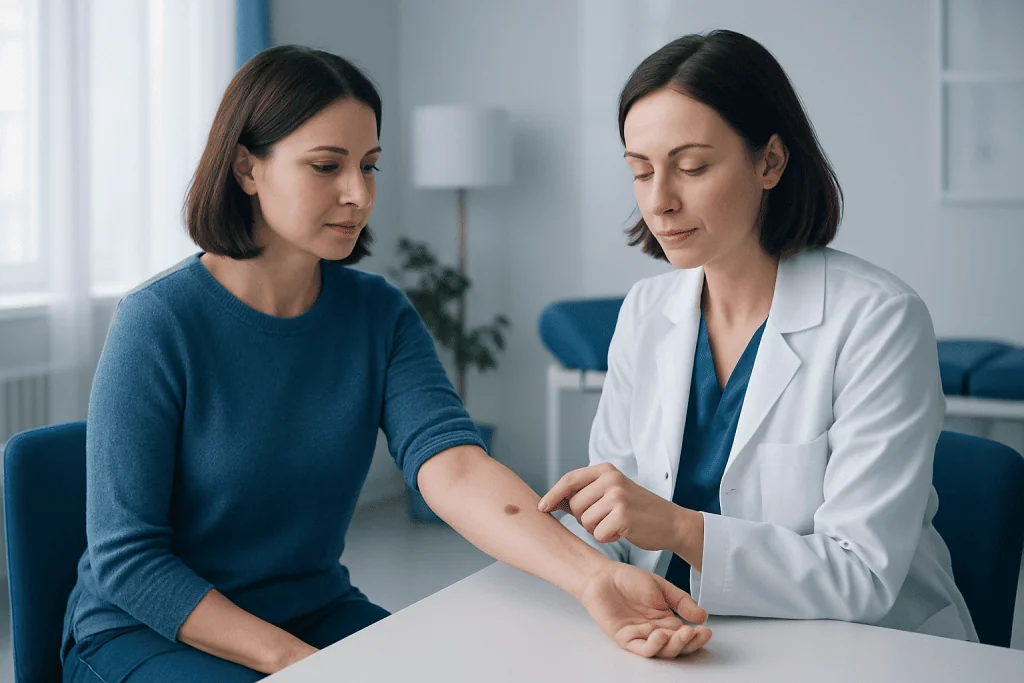 Doctor examining patient's arm for tick bite at Acibadem Hospital.