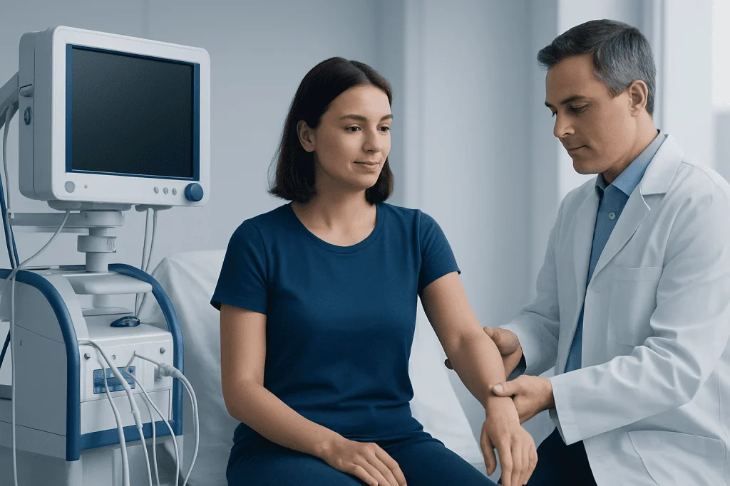 Doctor examining a patient's wrist in a medical clinic setting.