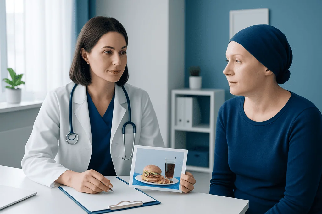Doctor discussing healthy eating with a patient during radiation therapy consultation.