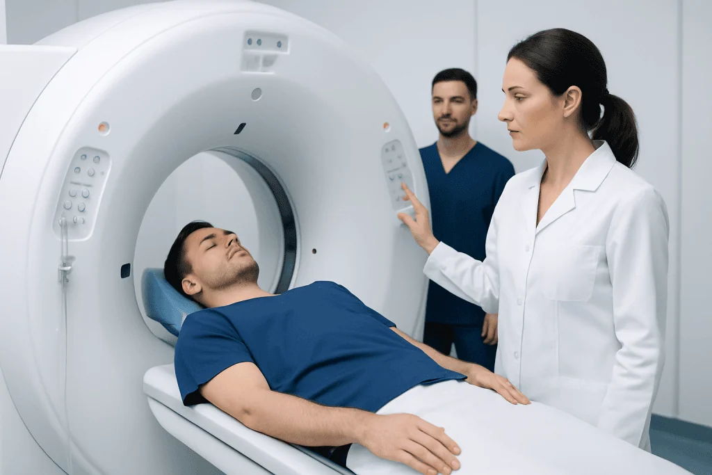 Patient undergoing a CT scan at Acibadem Hospital for diagnostic imaging.