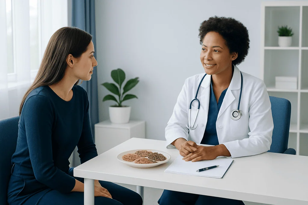 Doctor consulting with patient about health and nutrition in a modern clinic.