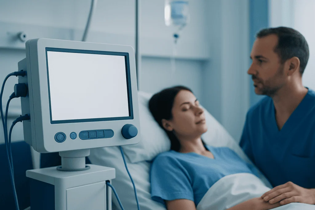 Hospital room with a patient and a doctor near a monitor.