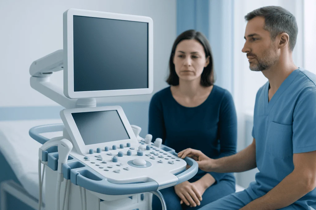 Medical professionals using ultrasound equipment in a hospital setting.
