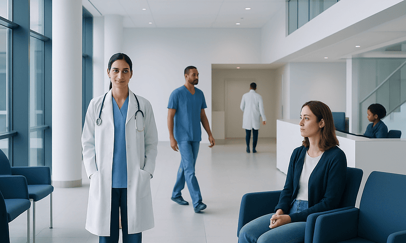 Modern hospital lobby with medical staff and patient seating area.