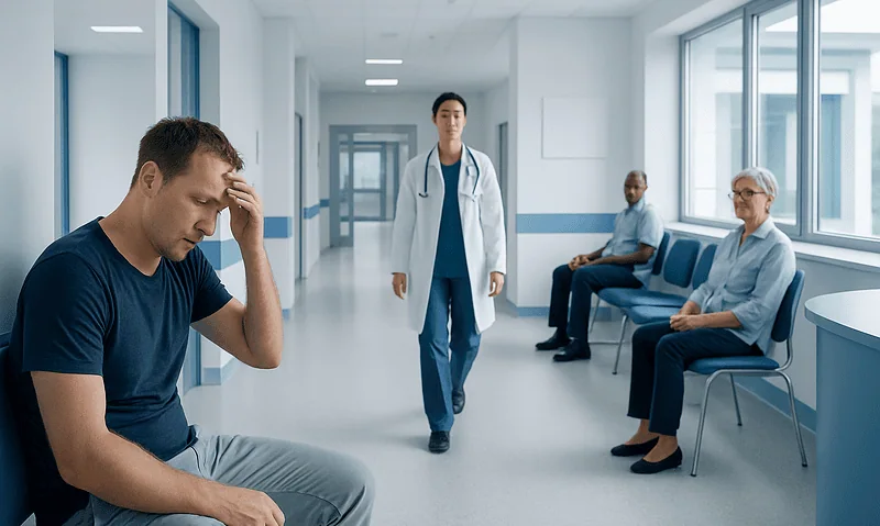 Patient experiencing headache in hospital corridor with medical staff nearby.